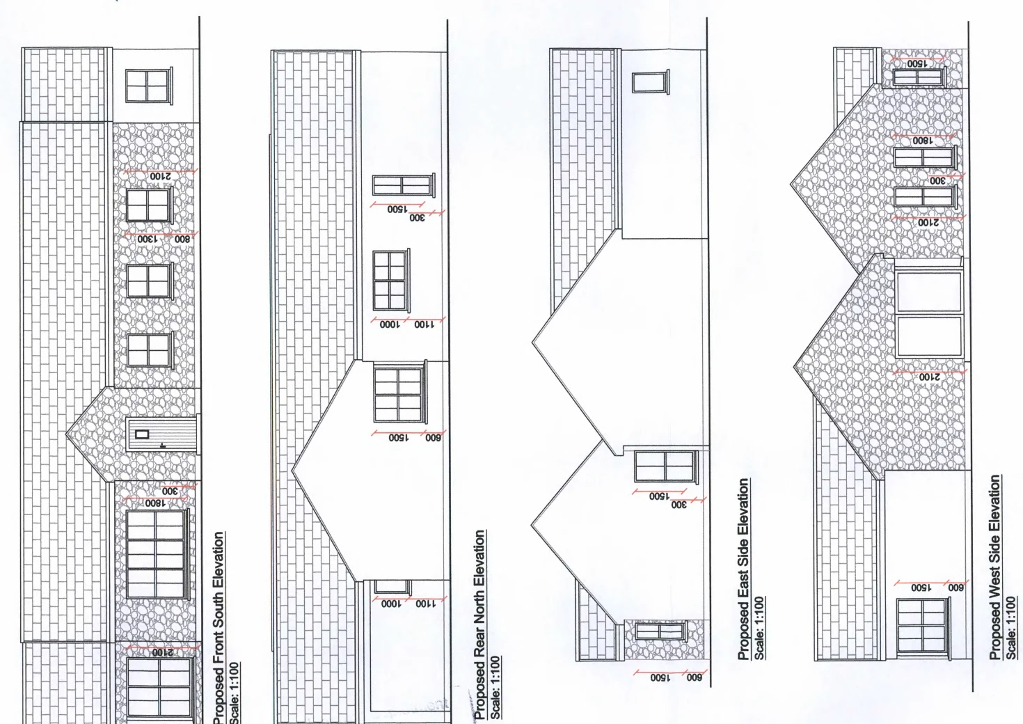 Scanned elevation sheet showing the four elevations drawn sideways, with stone finish hatching and window heights.