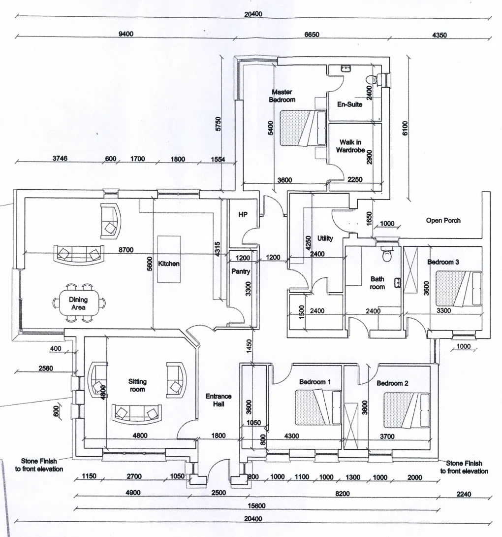 Scanned ground floor plan with dimension chains: sitting room, entrance hall, kitchen and dining, four bedrooms, utility and bathrooms.