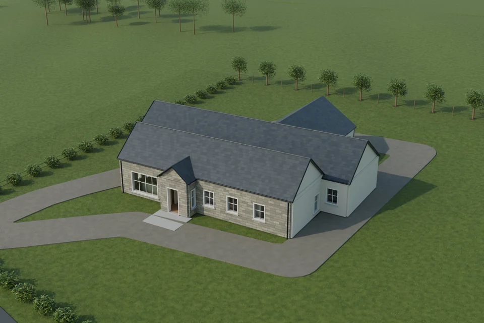 Elevated three-quarter render of the roof forms, drive and boundary planting.