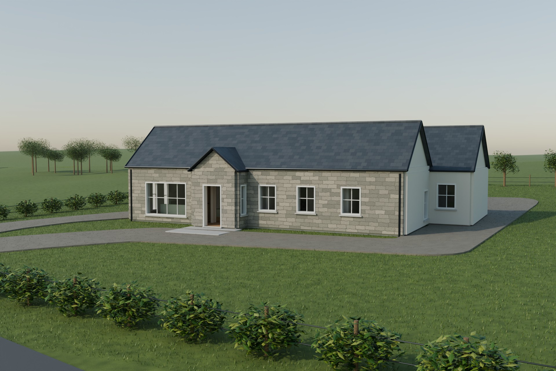 Rendered front of a single-storey stone-fronted house with several gables, a lawn and a hedge.