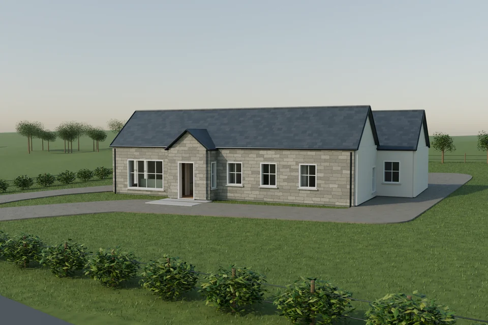Front entrance render: coursed stone, white joinery, slate roof and a gravel drive.