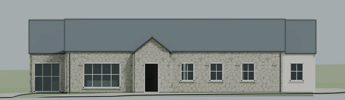 Blender render of the same front elevation from the fixed south camera.