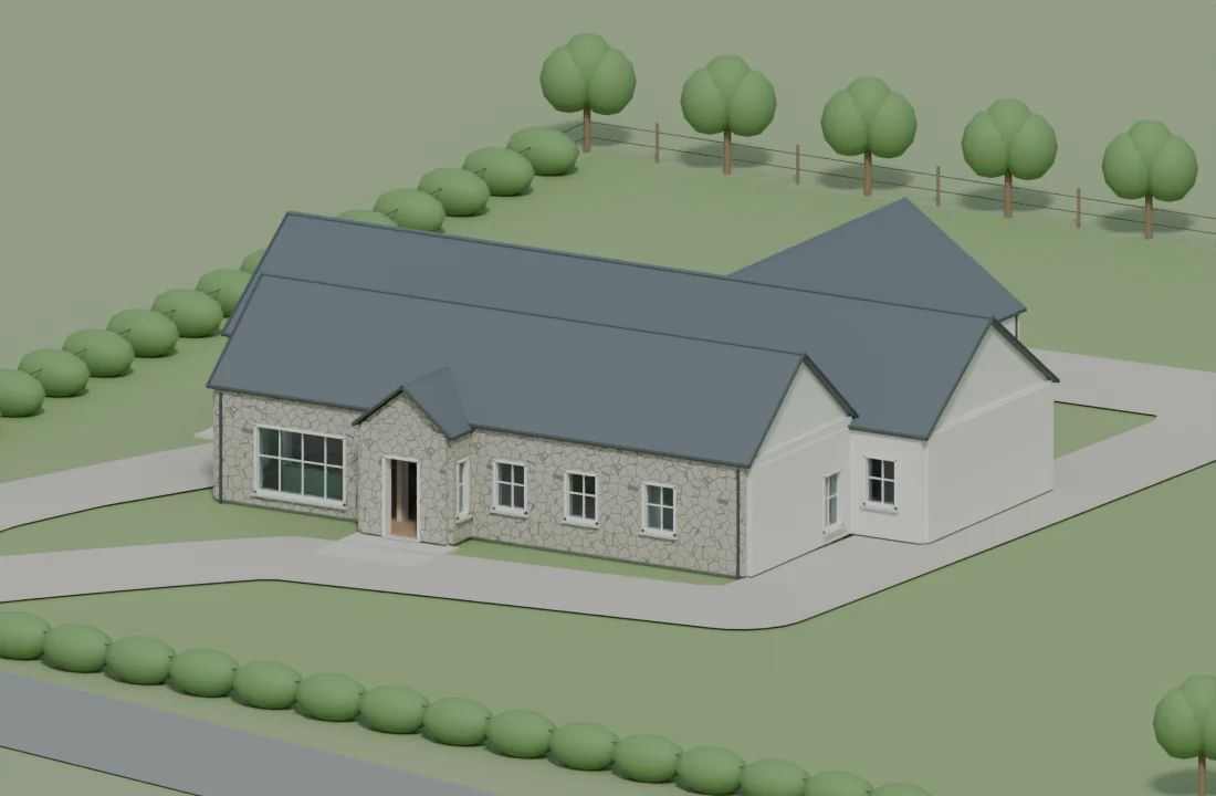 Perspective render of the house from the planning model, the same geometry used in the walkthrough.