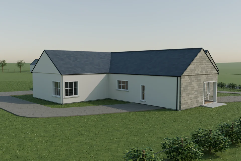 Rear garden render showing the corner glazing and the garden doorway.